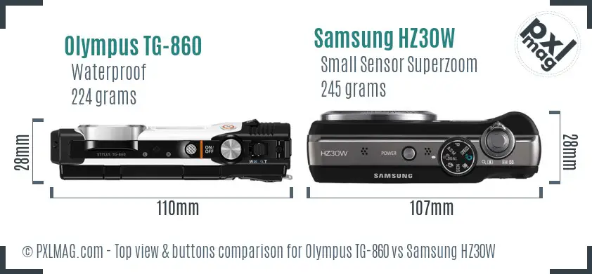 Olympus TG-860 vs Samsung HZ30W top view buttons comparison