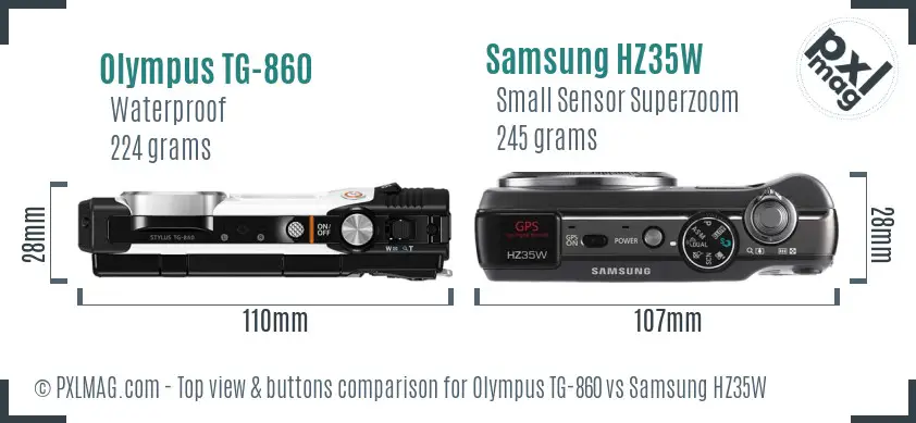 Olympus TG-860 vs Samsung HZ35W top view buttons comparison