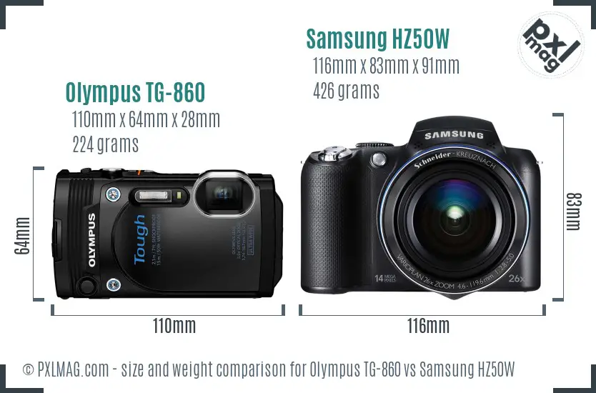 Olympus TG-860 vs Samsung HZ50W size comparison