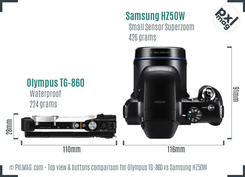 Olympus TG-860 vs Samsung HZ50W top view buttons comparison