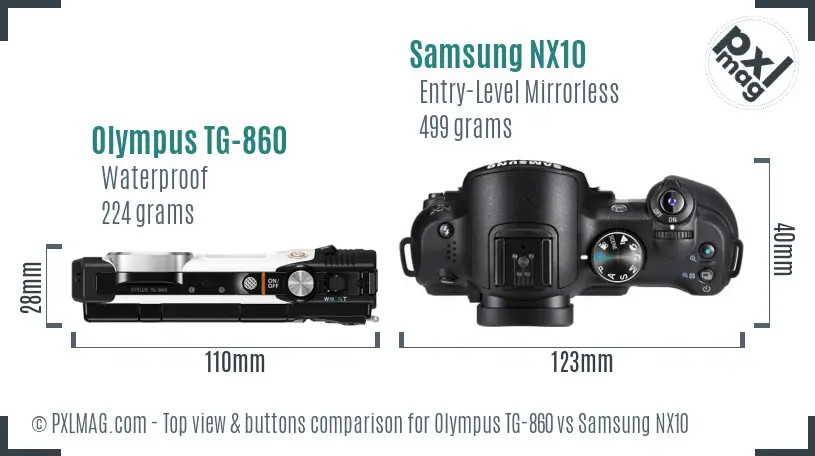 Olympus TG-860 vs Samsung NX10 top view buttons comparison Olympus TG-860 vs Samsung NX10 top view buttons comparison