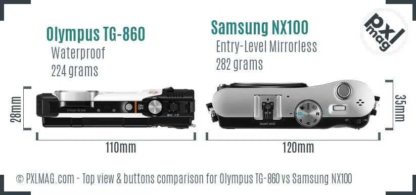 Olympus TG-860 vs Samsung NX100 top view buttons comparison