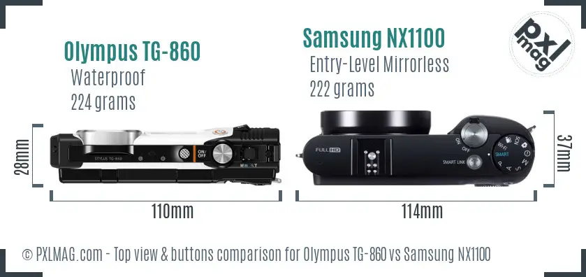 Olympus TG-860 vs Samsung NX1100 top view buttons comparison