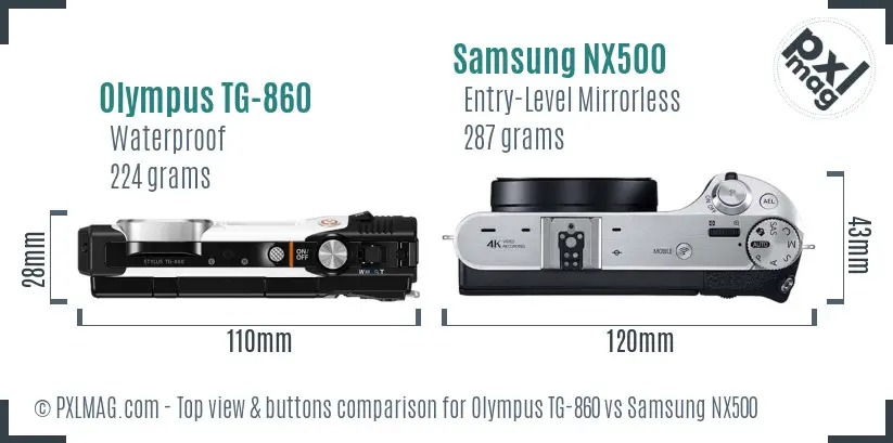 Olympus TG-860 vs Samsung NX500 top view buttons comparison