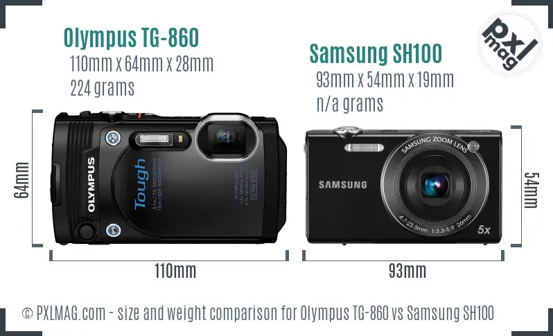 Olympus TG-860 vs Samsung SH100 size comparison