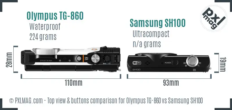 Olympus TG-860 vs Samsung SH100 top view buttons comparison