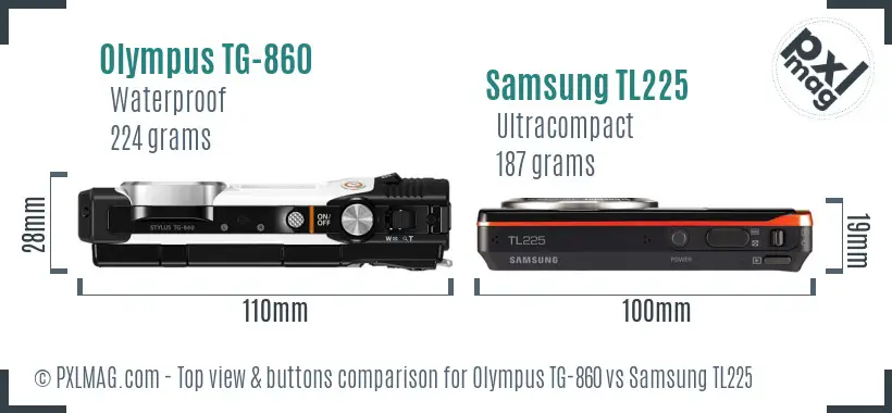Olympus TG-860 vs Samsung TL225 top view buttons comparison Olympus TG-860 vs Samsung TL225 top view buttons comparison