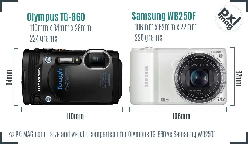 Olympus TG-860 vs Samsung WB250F size comparison