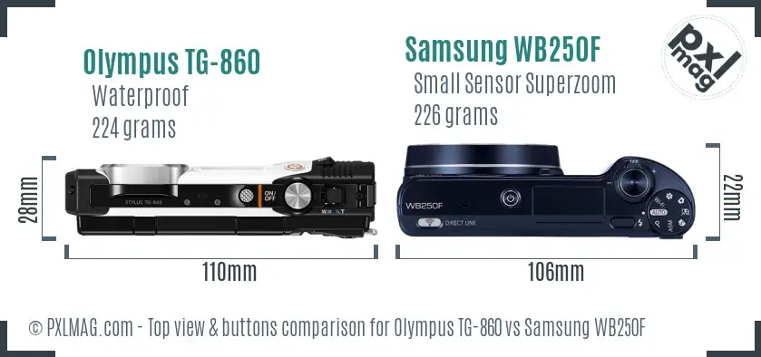 Olympus TG-860 vs Samsung WB250F top view buttons comparison