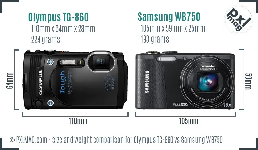 Olympus TG-860 vs Samsung WB750 size comparison