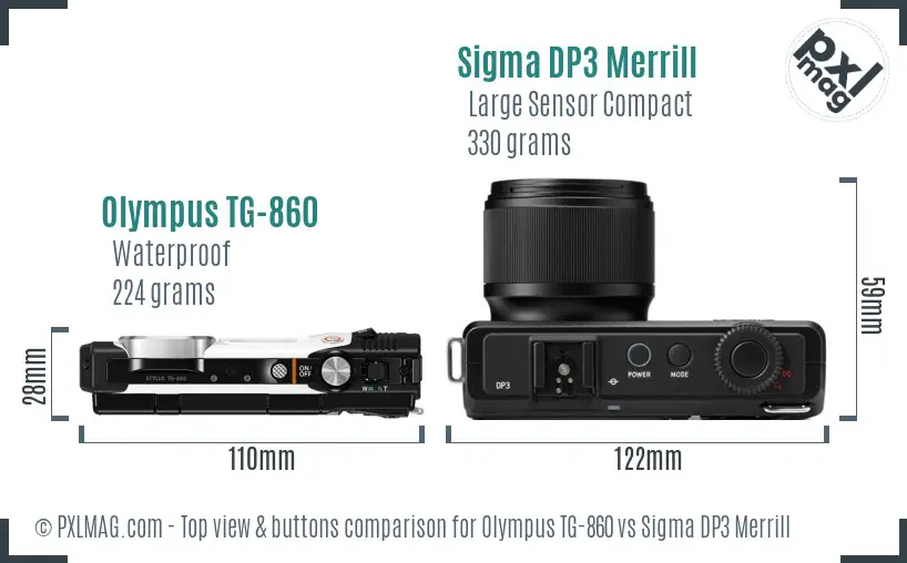 Olympus TG-860 vs Sigma DP3 Merrill top view buttons comparison Olympus TG-860 vs Sigma DP3 Merrill top view buttons comparison