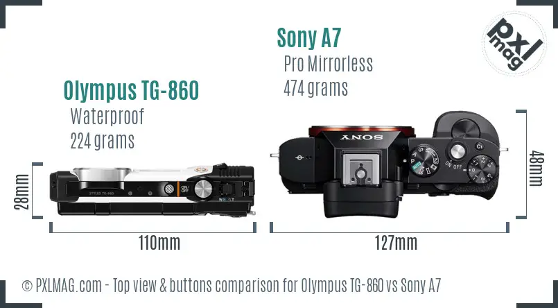 Olympus TG-860 vs Sony A7 top view buttons comparison Olympus TG-860 vs Sony A7 top view buttons comparison