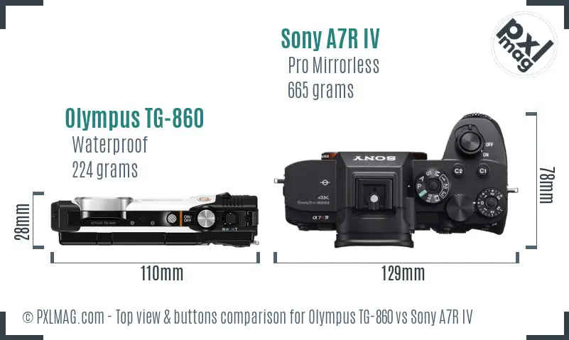 Olympus TG-860 vs Sony A7R IV top view buttons comparison