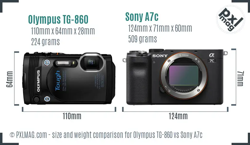 Olympus TG-860 vs Sony A7c size comparison