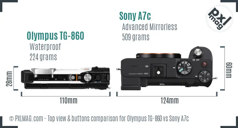 Olympus TG-860 vs Sony A7c top view buttons comparison