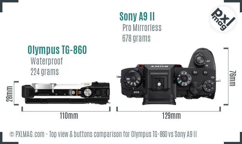 Olympus TG-860 vs Sony A9 II top view buttons comparison