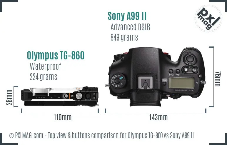 Olympus TG-860 vs Sony A99 II top view buttons comparison