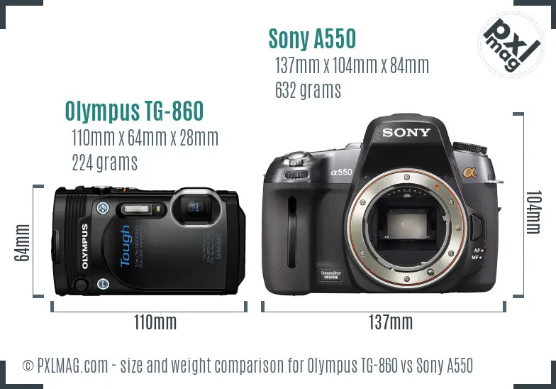 Olympus TG-860 vs Sony A550 size comparison