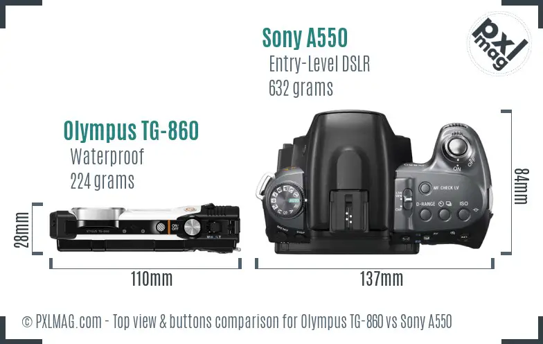 Olympus TG-860 vs Sony A550 top view buttons comparison