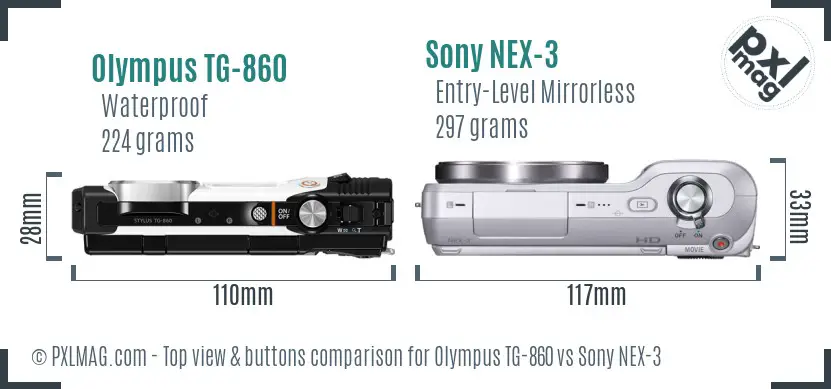 Olympus TG-860 vs Sony NEX-3 top view buttons comparison