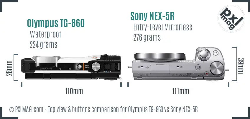 Olympus TG-860 vs Sony NEX-5R top view buttons comparison
