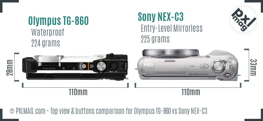 Olympus TG-860 vs Sony NEX-C3 top view buttons comparison