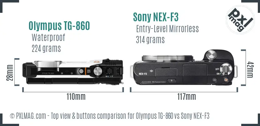 Olympus TG-860 vs Sony NEX-F3 top view buttons comparison