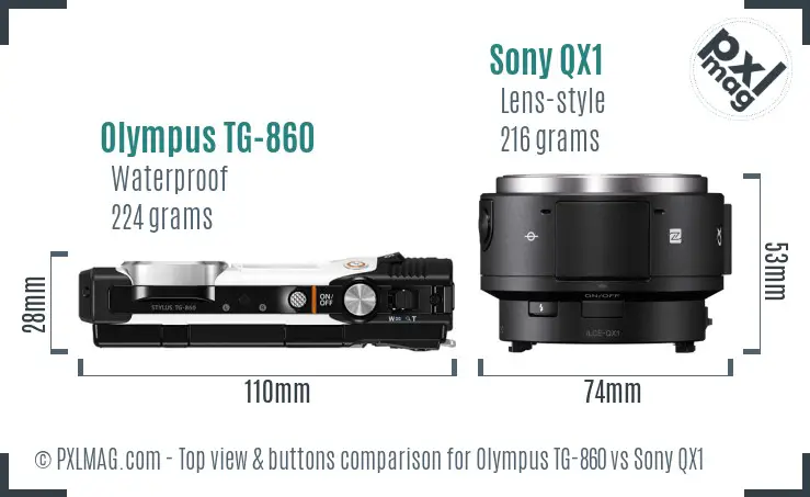 Olympus TG-860 vs Sony QX1 top view buttons comparison