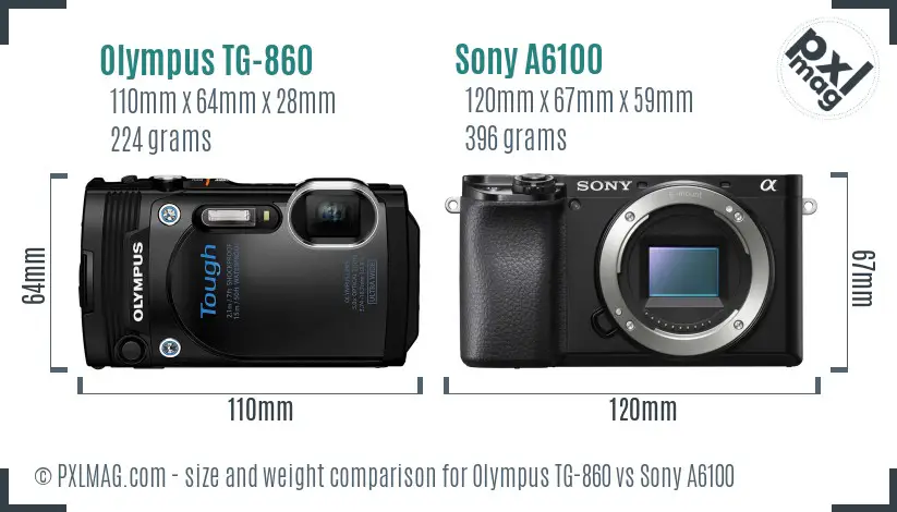 Olympus TG-860 vs Sony A6100 size comparison