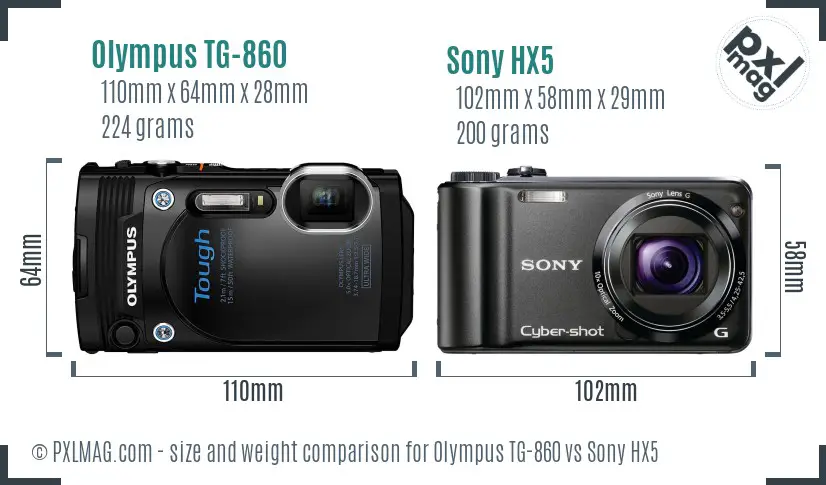 Olympus TG-860 vs Sony HX5 size comparison