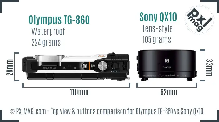 Olympus TG-860 vs Sony QX10 top view buttons comparison