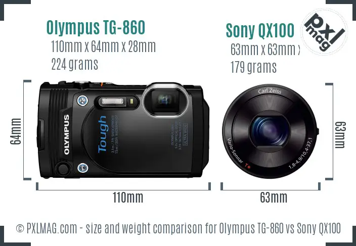 Olympus TG-860 vs Sony QX100 size comparison