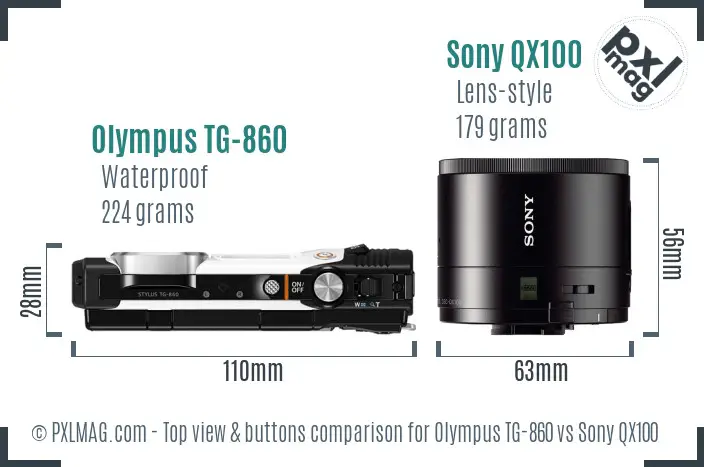 Olympus TG-860 vs Sony QX100 top view buttons comparison
