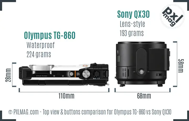 Olympus TG-860 vs Sony QX30 top view buttons comparison