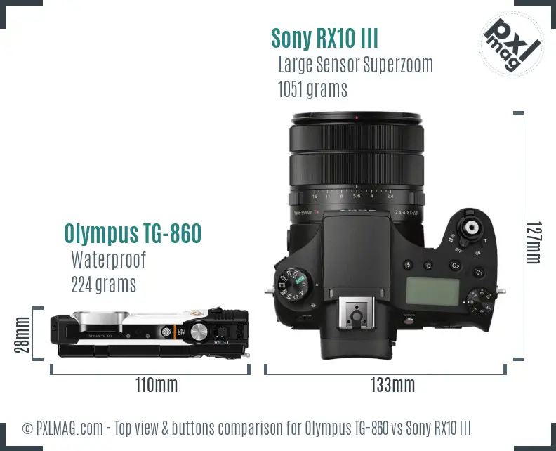 Olympus TG-860 vs Sony RX10 III top view buttons comparison
