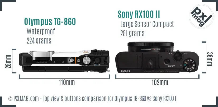 Olympus TG-860 vs Sony RX100 II top view buttons comparison