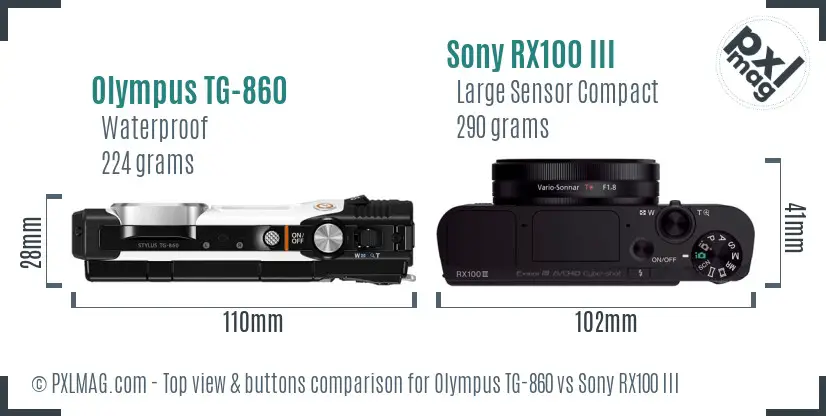 Olympus TG-860 vs Sony RX100 III top view buttons comparison
