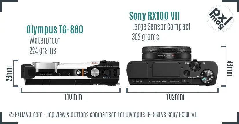Olympus TG-860 vs Sony RX100 VII top view buttons comparison