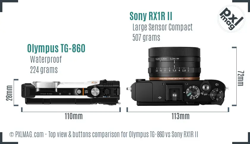 Olympus TG-860 vs Sony RX1R II top view buttons comparison