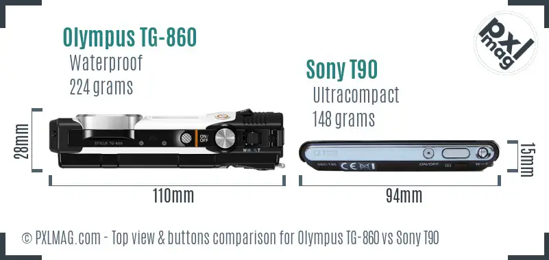 Olympus TG-860 vs Sony T90 top view buttons comparison