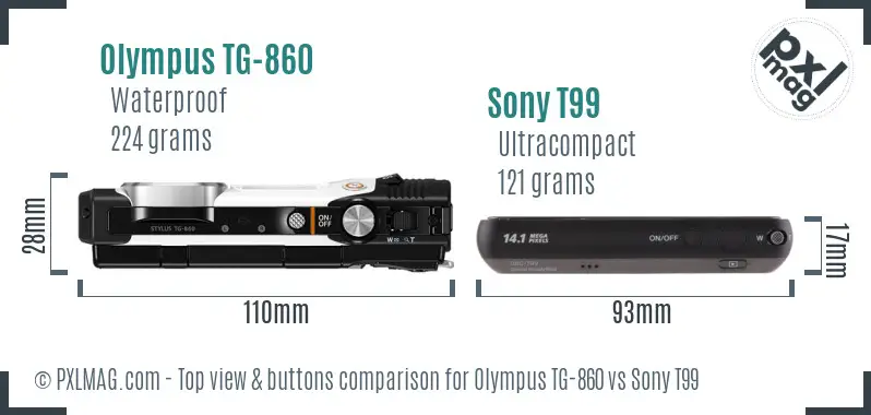 Olympus TG-860 vs Sony T99 top view buttons comparison