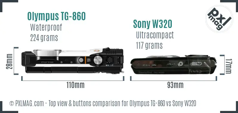 Olympus TG-860 vs Sony W320 top view buttons comparison