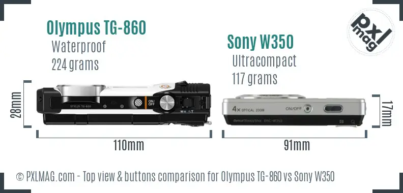Olympus TG-860 vs Sony W350 top view buttons comparison