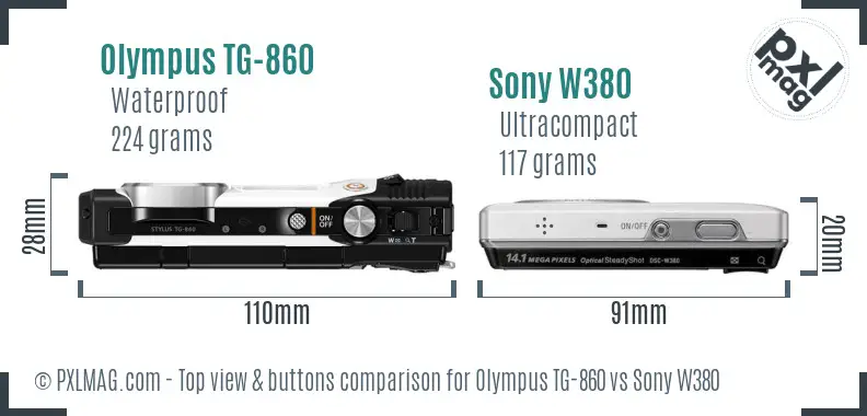 Olympus TG-860 vs Sony W380 top view buttons comparison