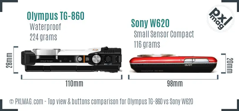 Olympus TG-860 vs Sony W620 top view buttons comparison