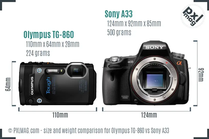 Olympus TG-860 vs Sony A33 size comparison