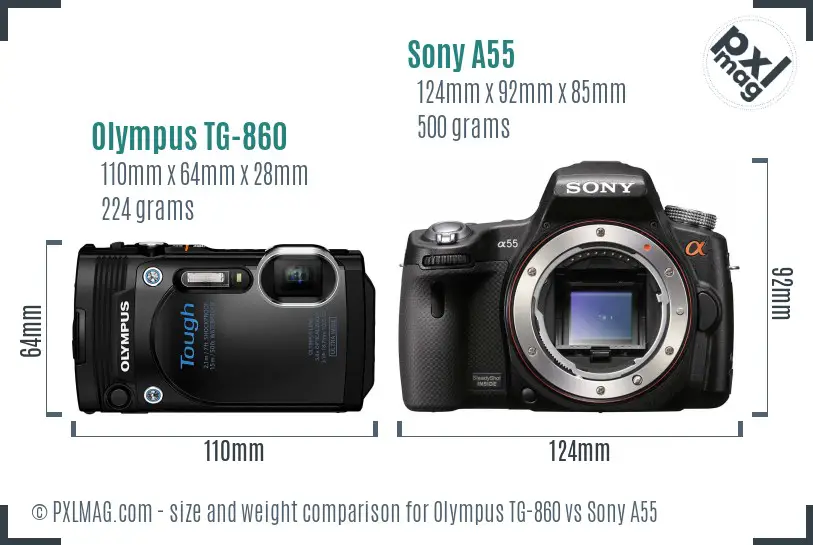 Olympus TG-860 vs Sony A55 size comparison