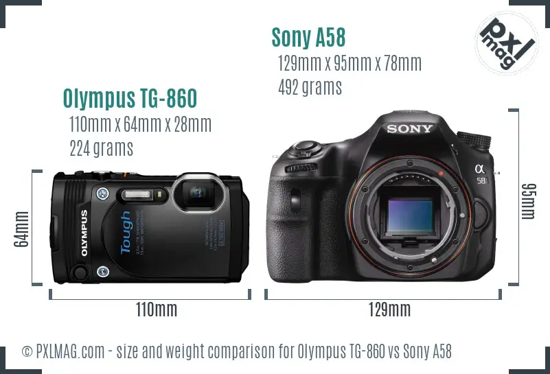 Olympus TG-860 vs Sony A58 size comparison