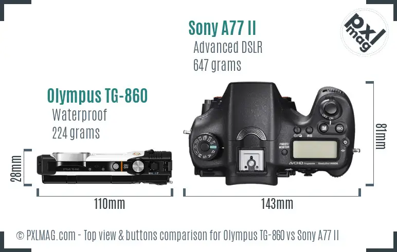 Olympus TG-860 vs Sony A77 II top view buttons comparison