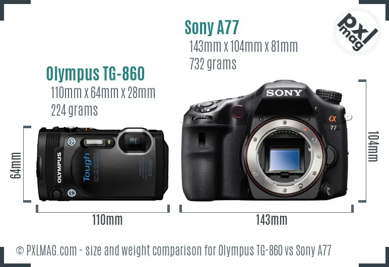 Olympus TG-860 vs Sony A77 size comparison